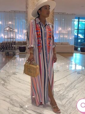 Embroidered Multi-Stripe Maxi Shirt Dress - Pink & Blue